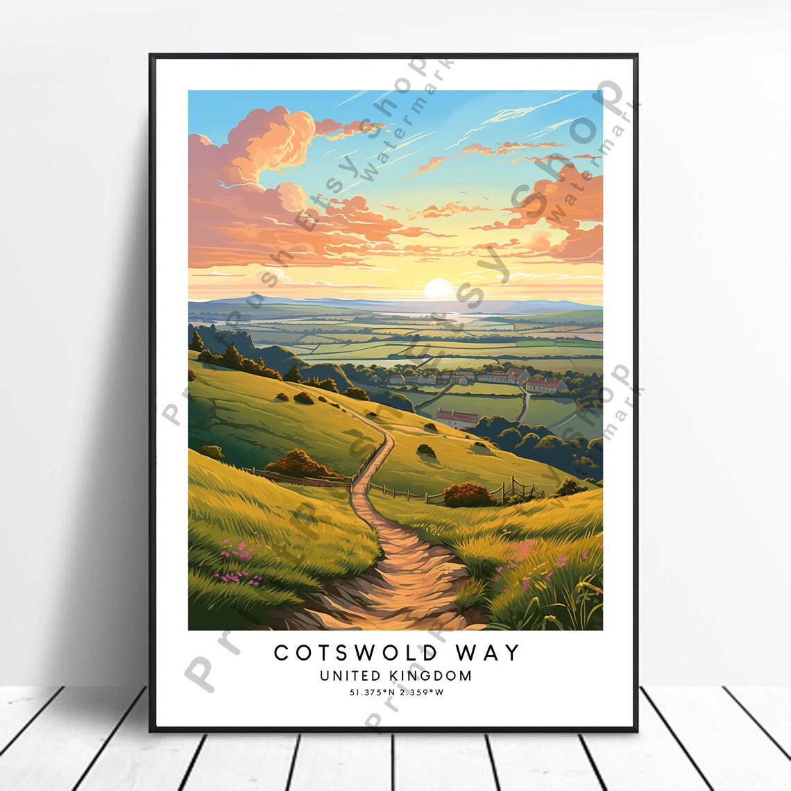 Cotswold Way Travel Poster, Colorful Route Wall Art