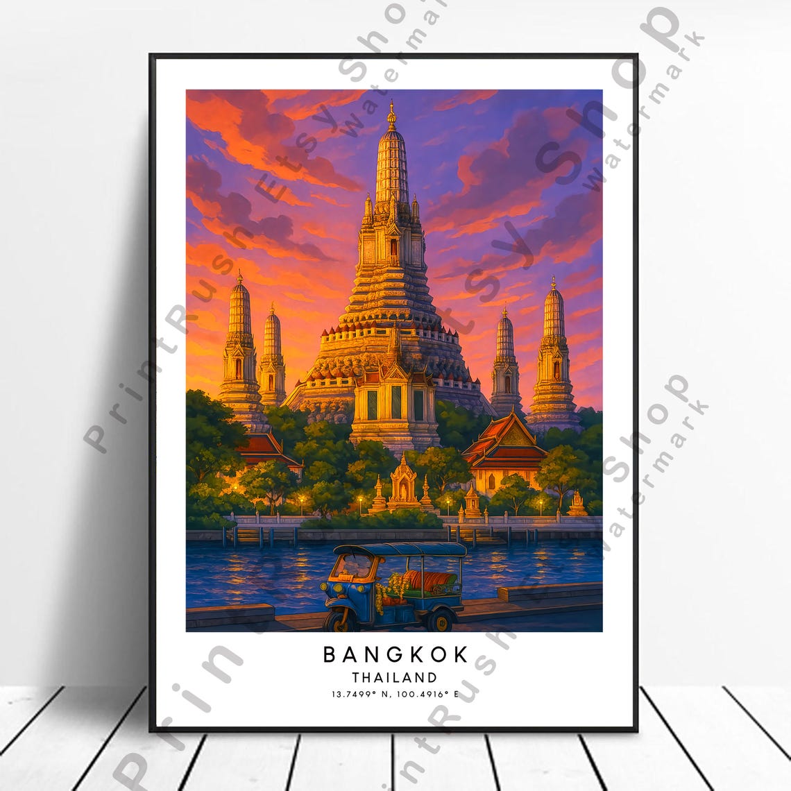 Bangkok Thailand Wat Arun Sunset Temple Tuk Tuk Travel Poster