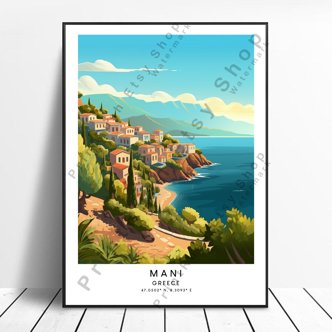 Mani Greece Coastal Village Mediterranean Sea Travel Poster Art