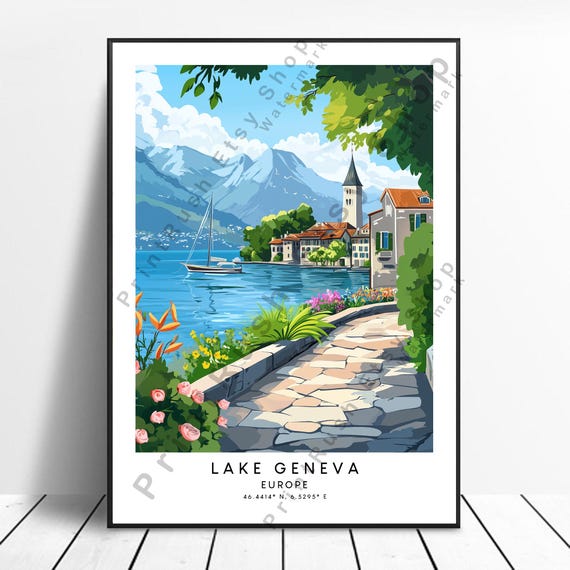 Lake Geneva Poster Colourful Print Alps Wall Art Home Dcor Illustration Hanging Gift