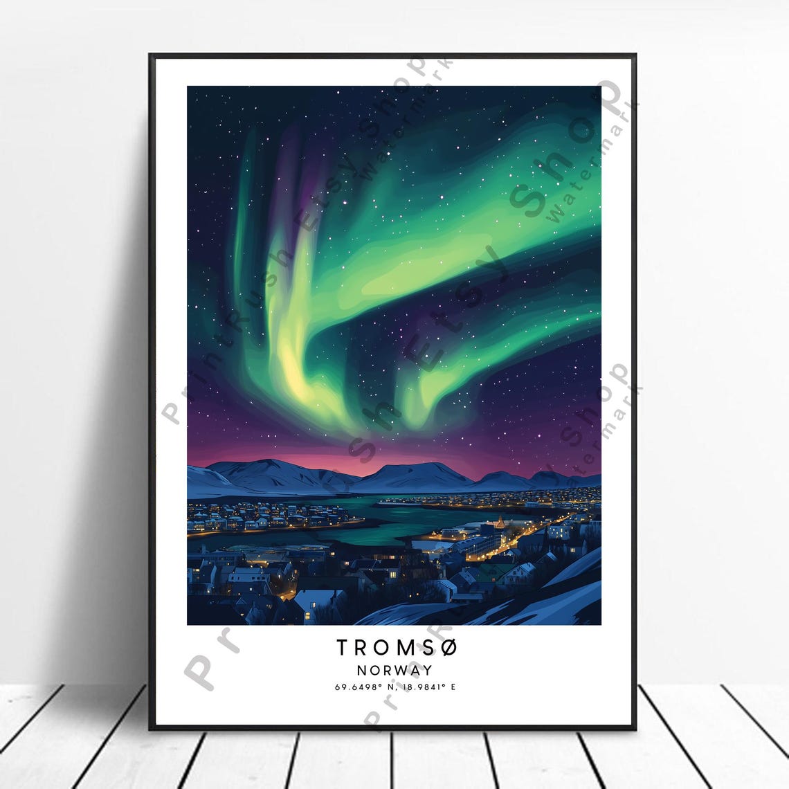 Tromso Norway Northern Lights Arctic City Night Sky Travel Poster