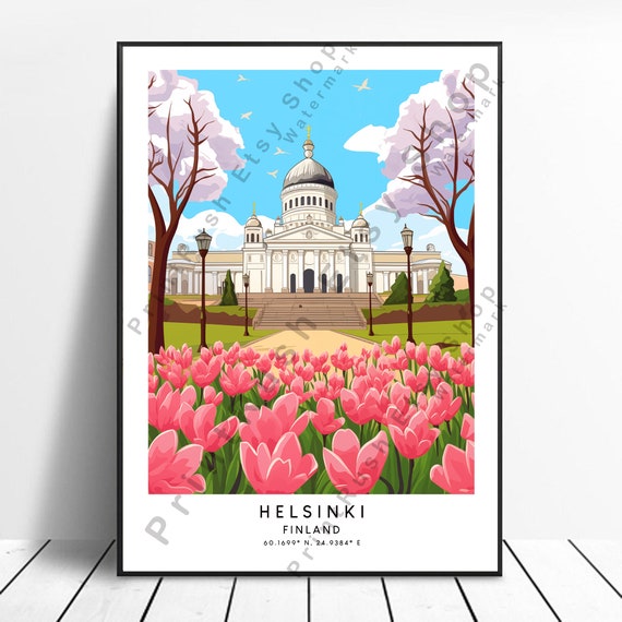 Helsinki Finland Travel Print Poster Wall Art Colourful Dcor Illustration