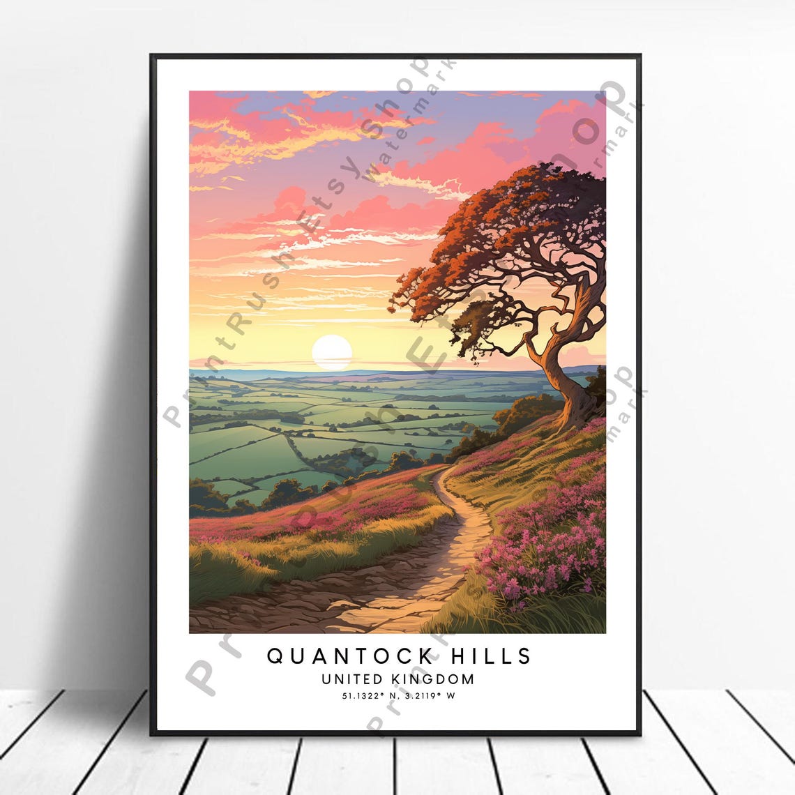 Quantock Hills England Sunset Countryside Path Travel Poster