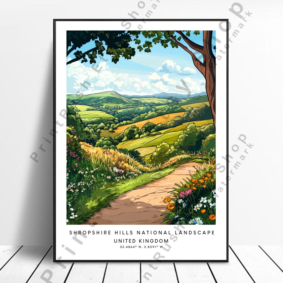 Shropshire Hills Path Wildflowers Rolling Green Countryside Poster