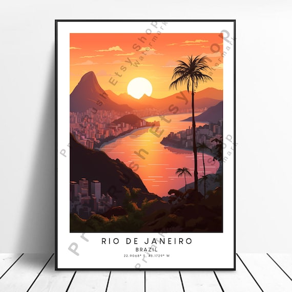 Rio De Janeiro Brazil Sunset Bay Palm Tropical Travel Art Poster
