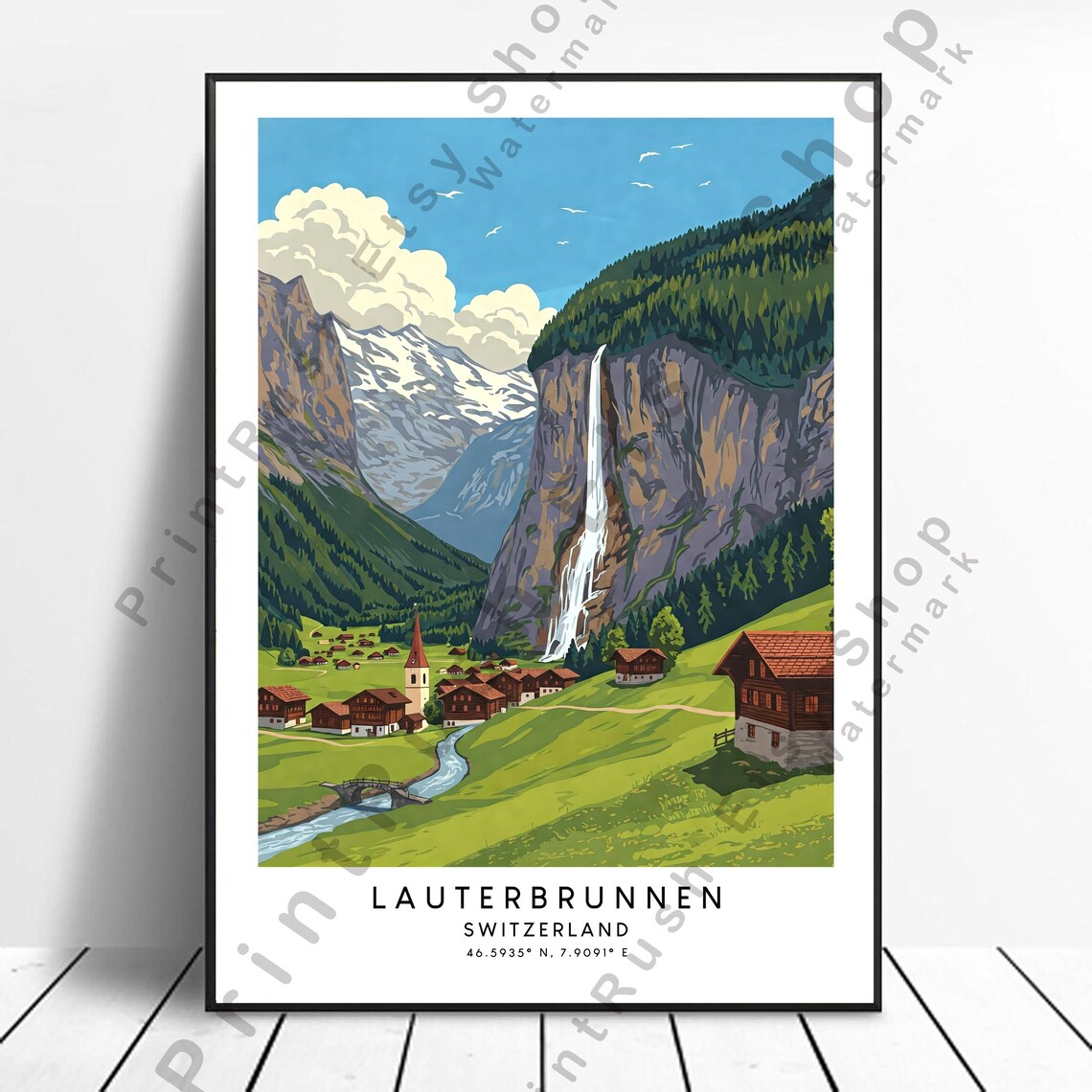 Lauterbrunnen Switzerland Alpine Waterfall Village Travel Poster