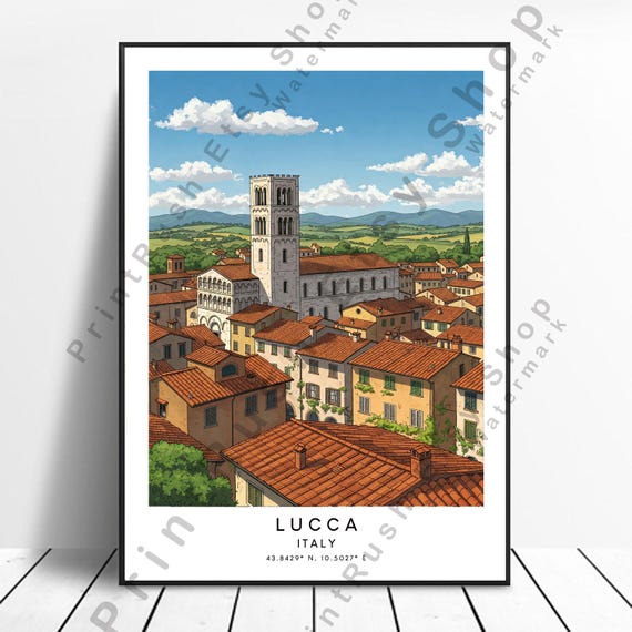 Lucca Italy Poster Tuscany Wall Art Print Travel Italian Village Illustration Landscape Vintage Style