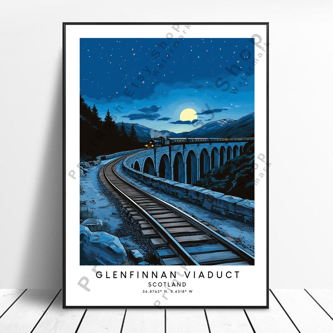 Glenfinnan Viaduct Scotland Night Steam Train Moon Travel Poster