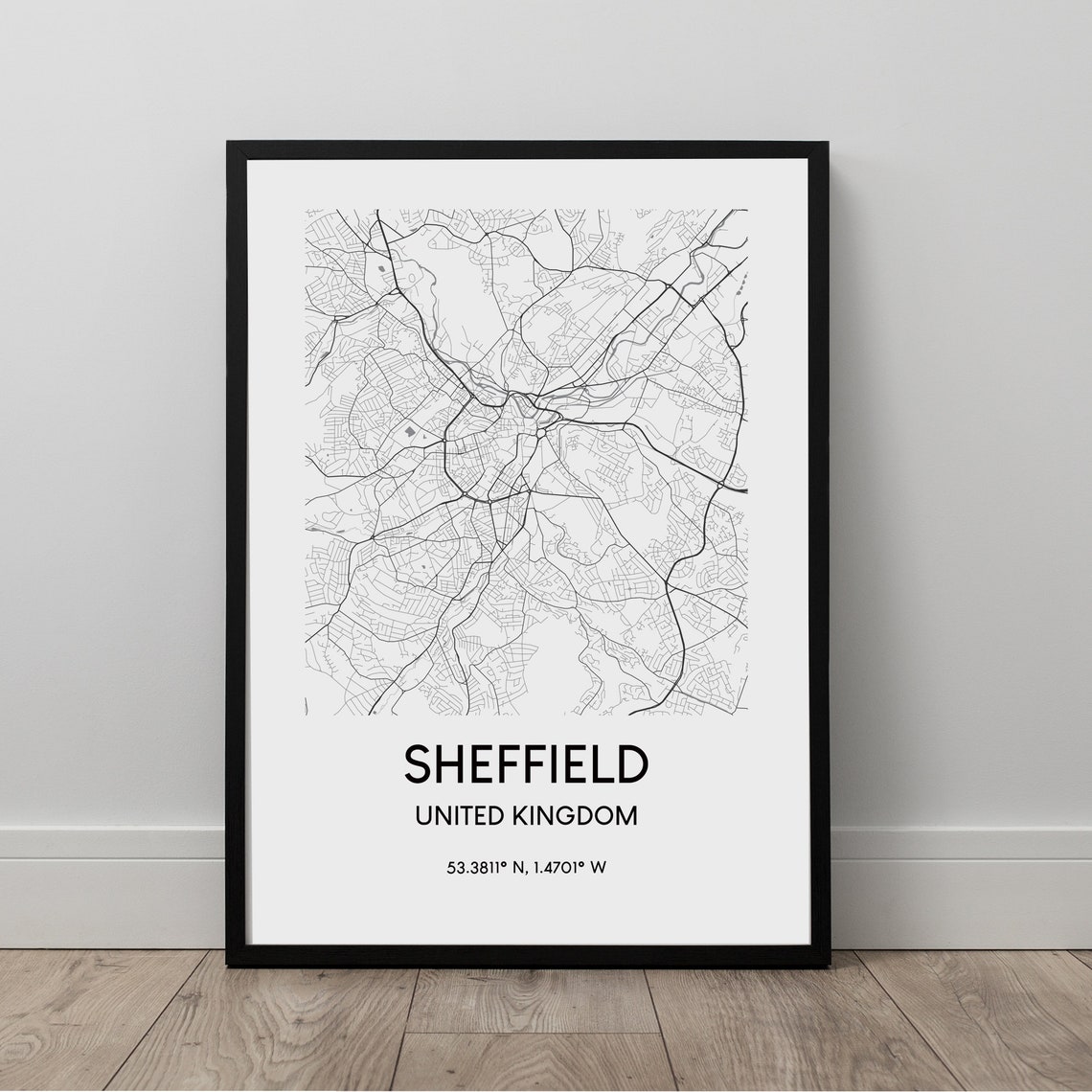Sheffield United Kingdom Minimalist City Street Map Black White Poster