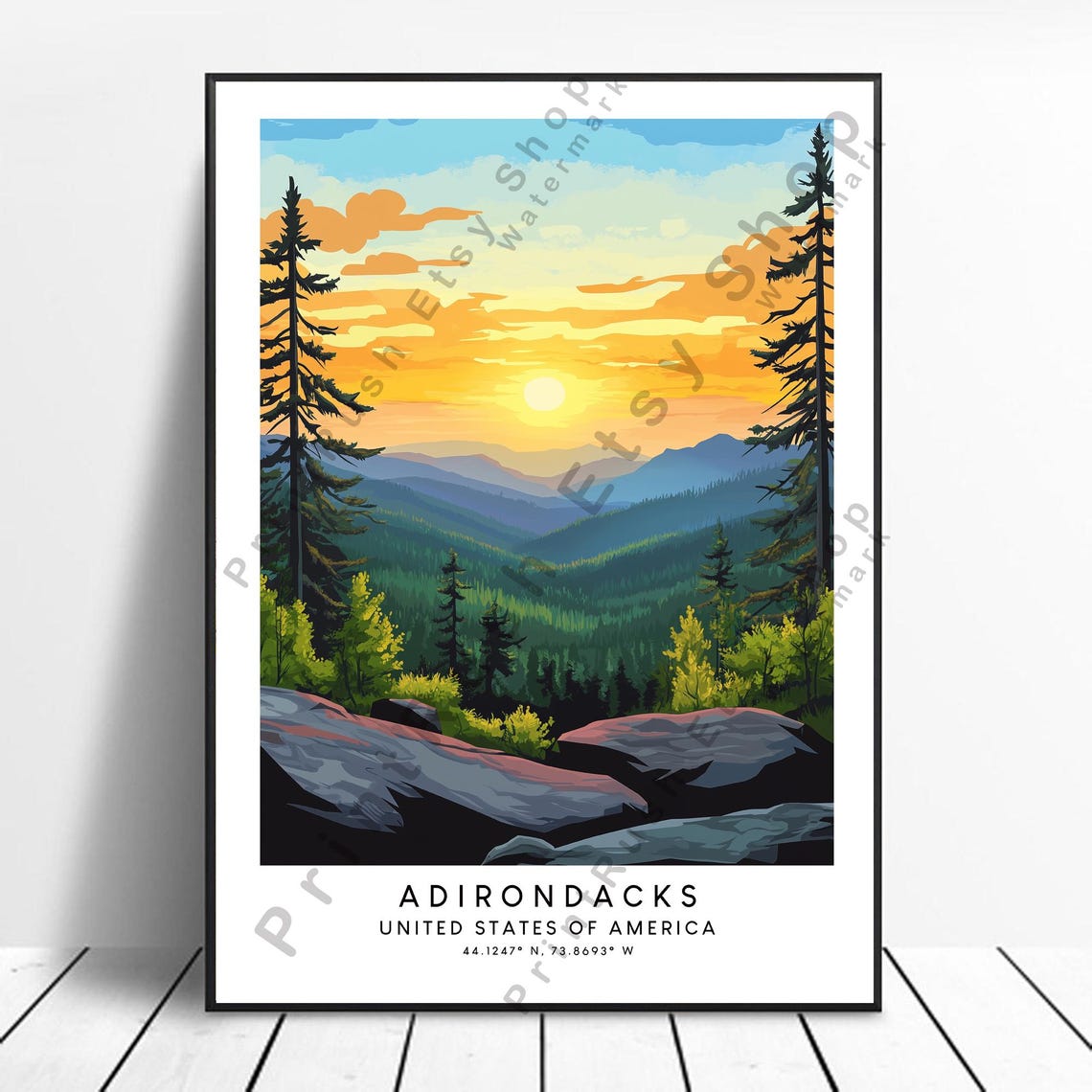 Adirondacks New York Sunrise Mountain Vista Golden Travel Poster