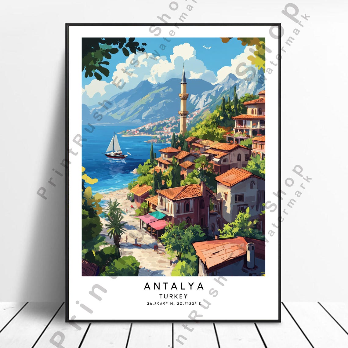 Antalya Turkey Sunny Coastal Old Town Sailboat Harbor View Poster