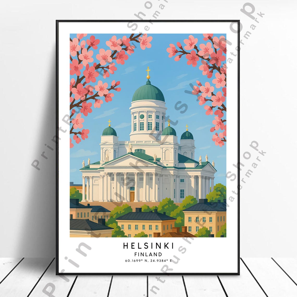 Helsinki Finland Cathedral Spring Cherry Blossoms Travel Poster