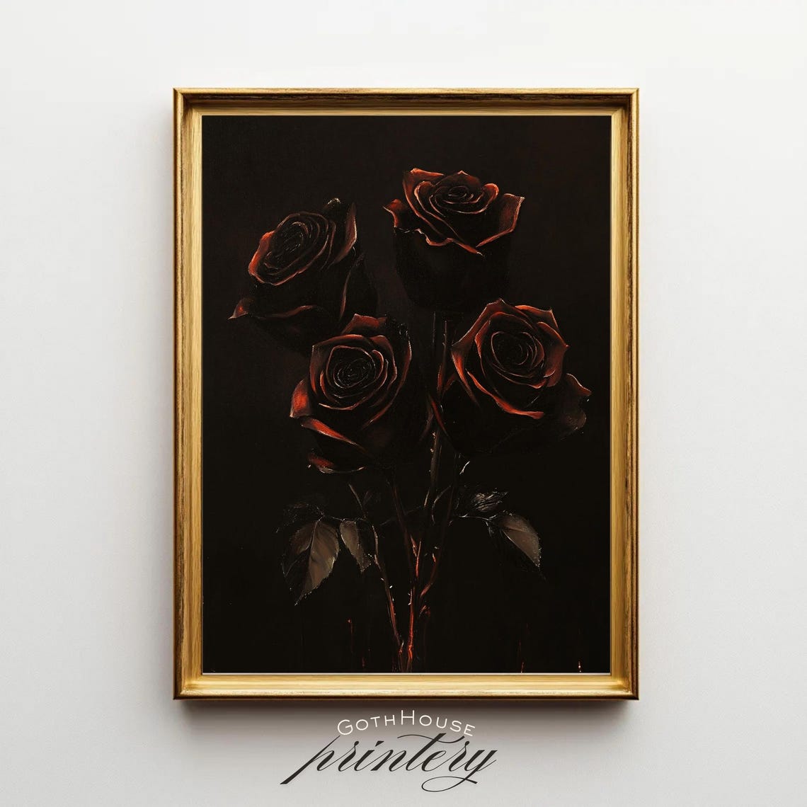 Dark Red Roses Gothic Moody Floral Oil Painting Black Wall Art