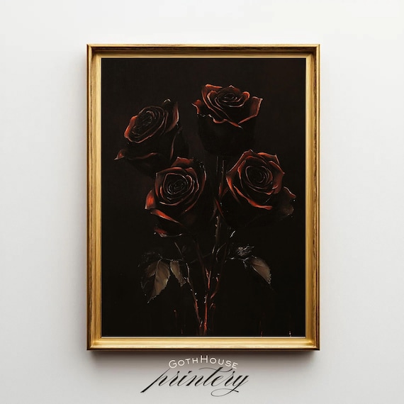 Dark Flower Painting Gothic Floral Wall Art Red Roses Print Moody Botanical Witchy Decor Academia