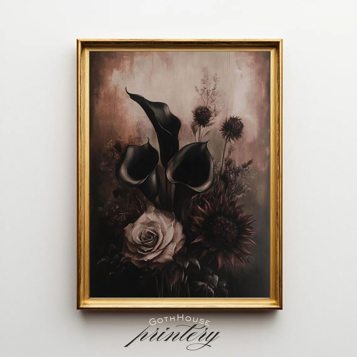 Dark Floral Black Flower Print, Gothic Vintage Bouquet