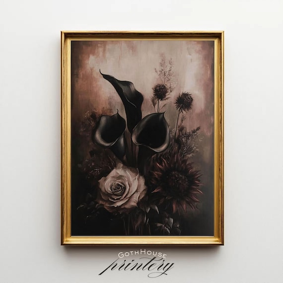 Dark Floral Black Flower Print, Gothic Vintage Bouquet