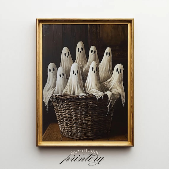 Ghosts In A Basket Print Wall Decor Cute Halloween Art Autumn Farmhouse Spooky Season