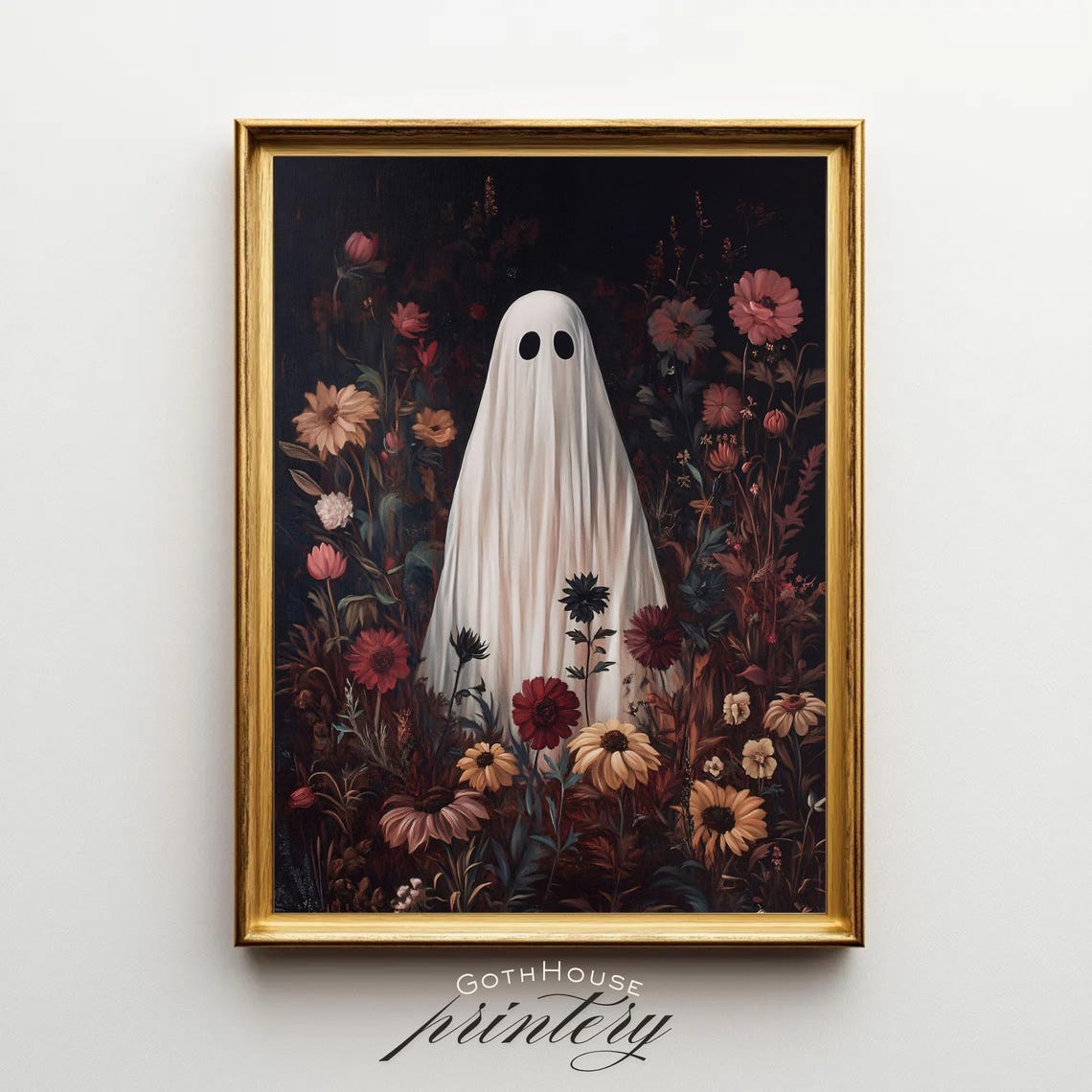 Cute Ghost Among Dark Florals Moody Botanical Halloween Art Poster