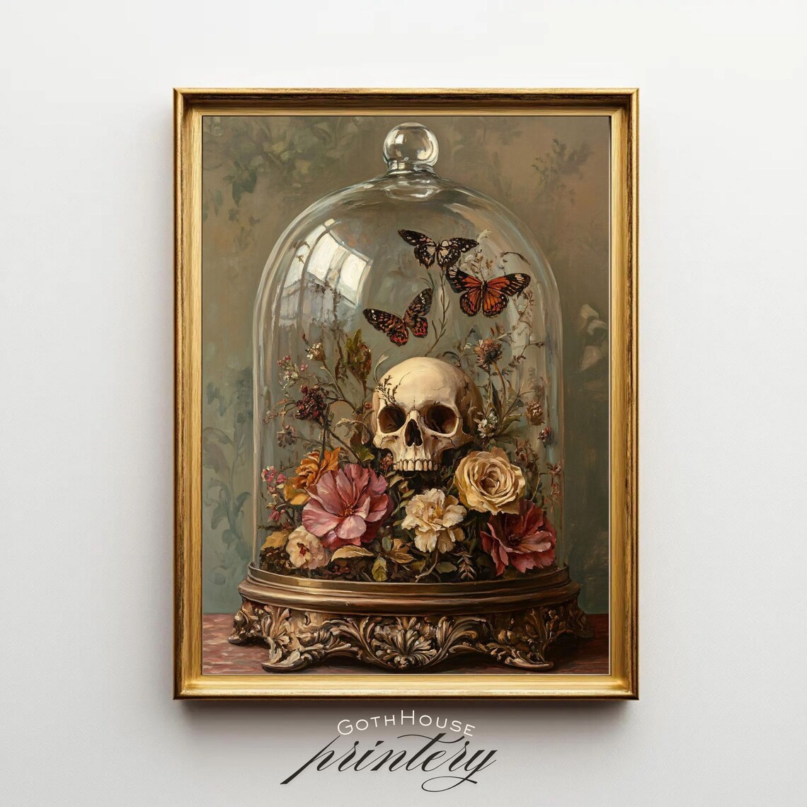 Skull Floral Cloche Poster, Gothic Botanical Decor