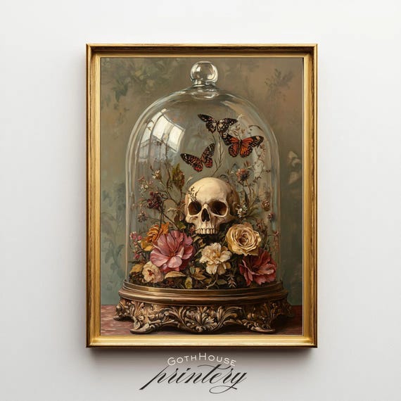 Skull Floral Cloche Poster, Gothic Botanical Decor