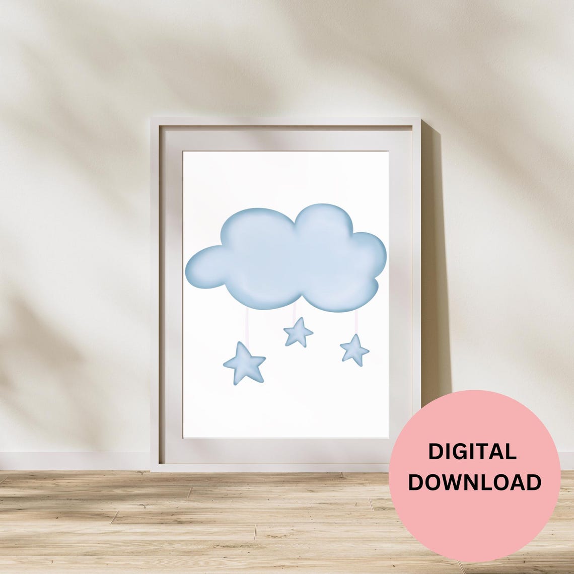 Blue Watercolor Cloud With Hanging Stars Soft Nursery Art Print - Image 2