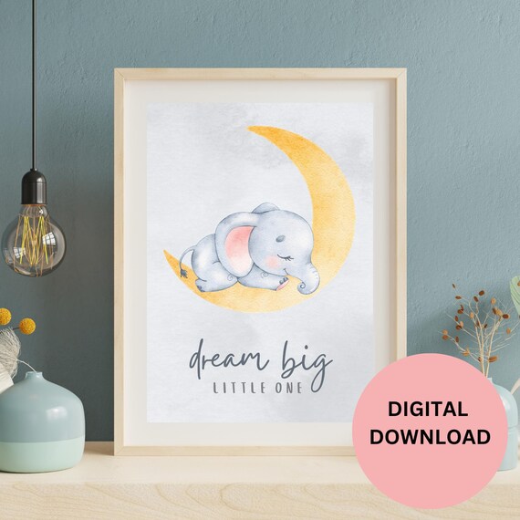 Dream Big Little One Sleeping Elephant Moon Watercolor Nursery Print