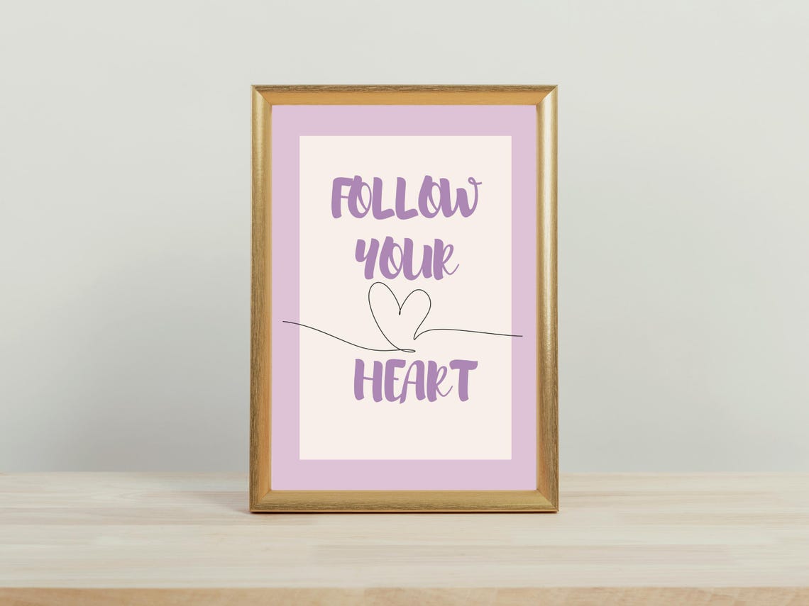 Follow Your Heart Purple Lavender Heart Line Art Quote Poster - Image 3