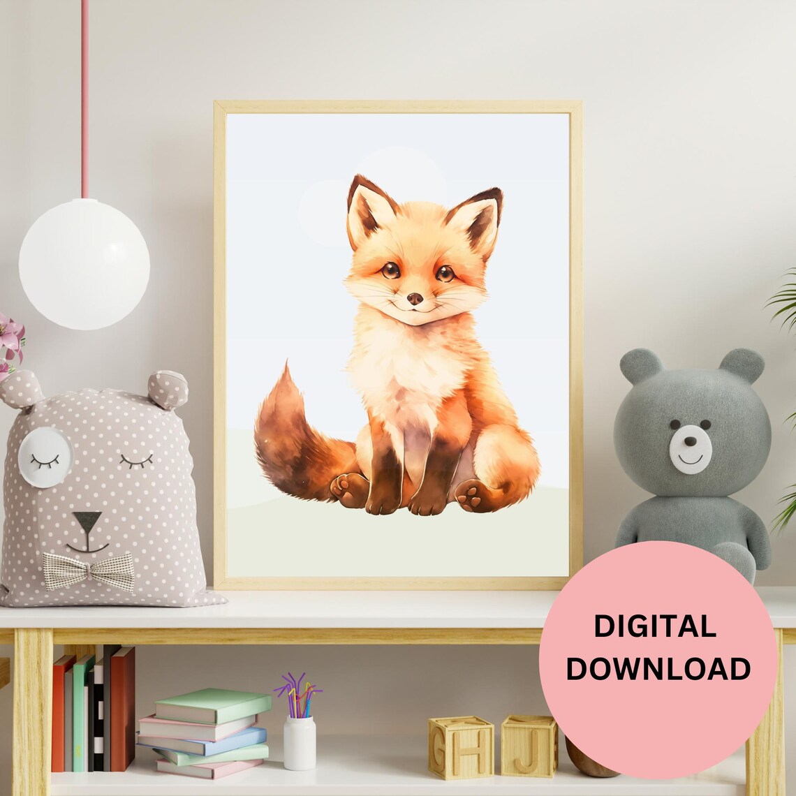 Cute Baby Fox Watercolor Woodland Animal Portrait Kids Room Art Print