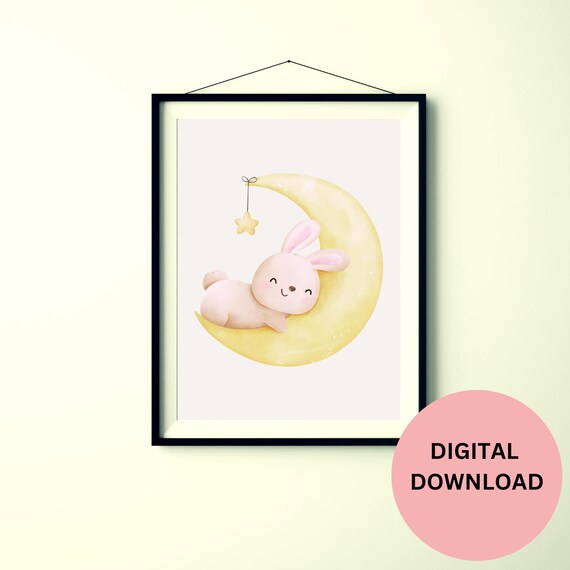 Nursery Moon Theme Print Gift For Newborn Kids Room Wall Art Cute Rabbit On Moon Baby Shower Gift Decor Adorable Baby Room Gift Art