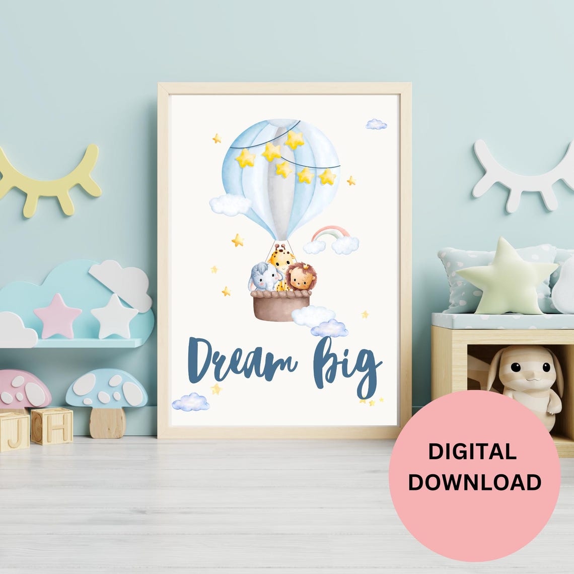 Dream Big Hot Air Balloon Animals Elephant Giraffe Lion Art Print