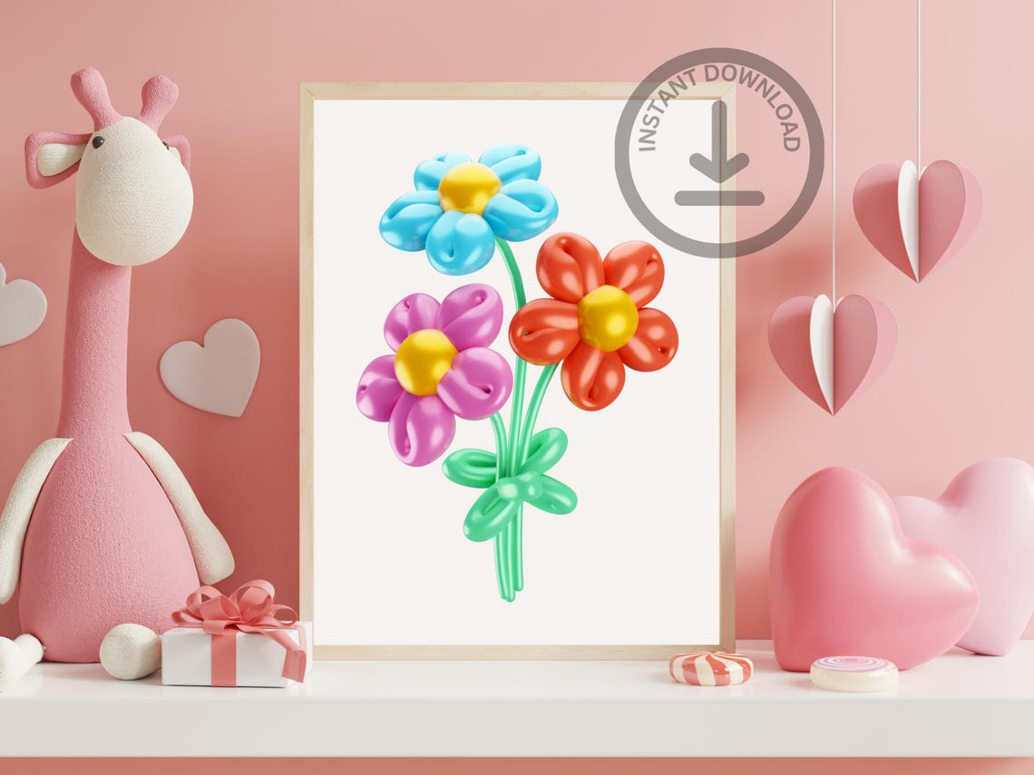 Balloon Flowers Pink Blue Red 3D Balloon Bouquet Nursery Poster
