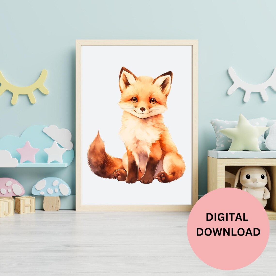 Cute Baby Fox Watercolor Woodland Animal Portrait Kids Room Art Print - Image 3