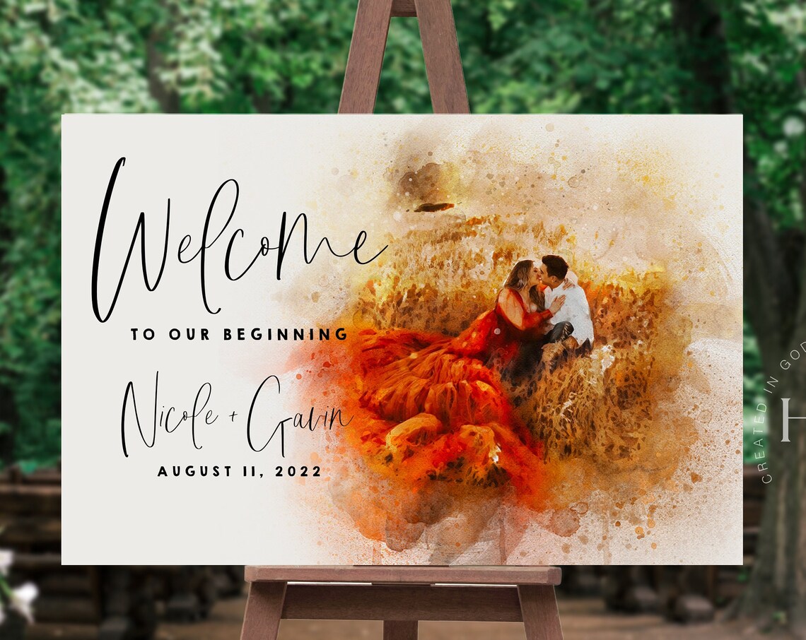 Personalized Watercolor Couple Portrait Wedding Sign - Image 4