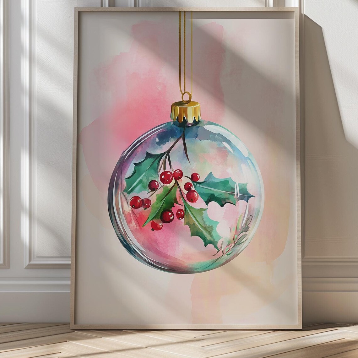 Glass Christmas Ornament With Holly Art Poster Pink Holiday Wall Decor