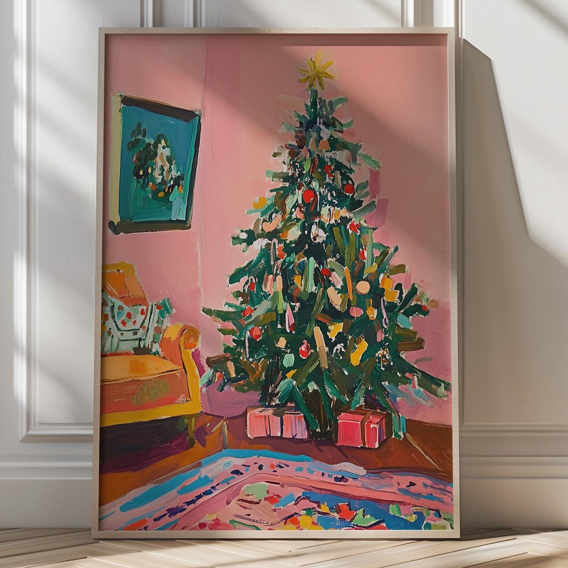 Decorated Christmas Tree in Pink Room Maximalist Holiday Poster