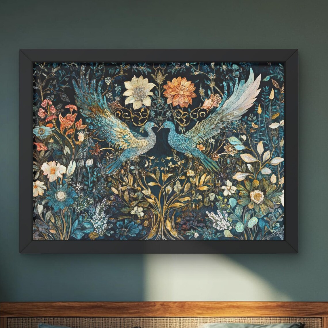William Morris Style Botanical Birds Moody Floral Vintage Wall Art