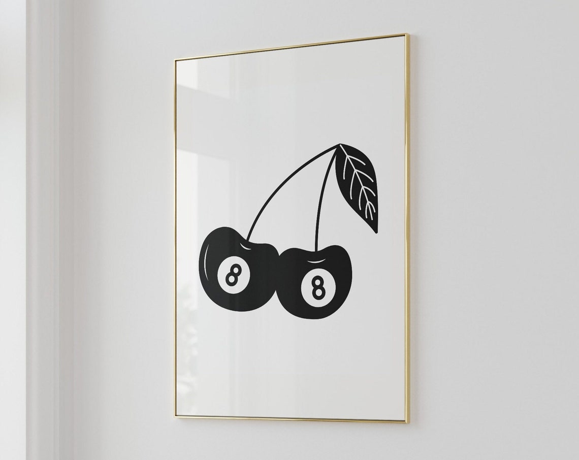 Lucky Eight Ball Cherry Retro Black and White Trendy Art Poster