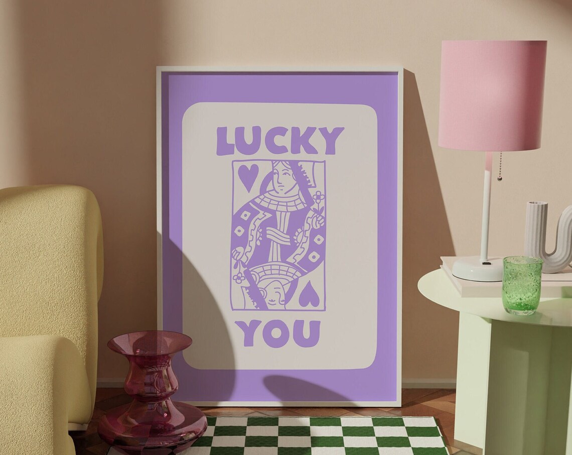 Lucky You Queen Of Hearts Playing Card Purple Trendy Wall Art - Image 3