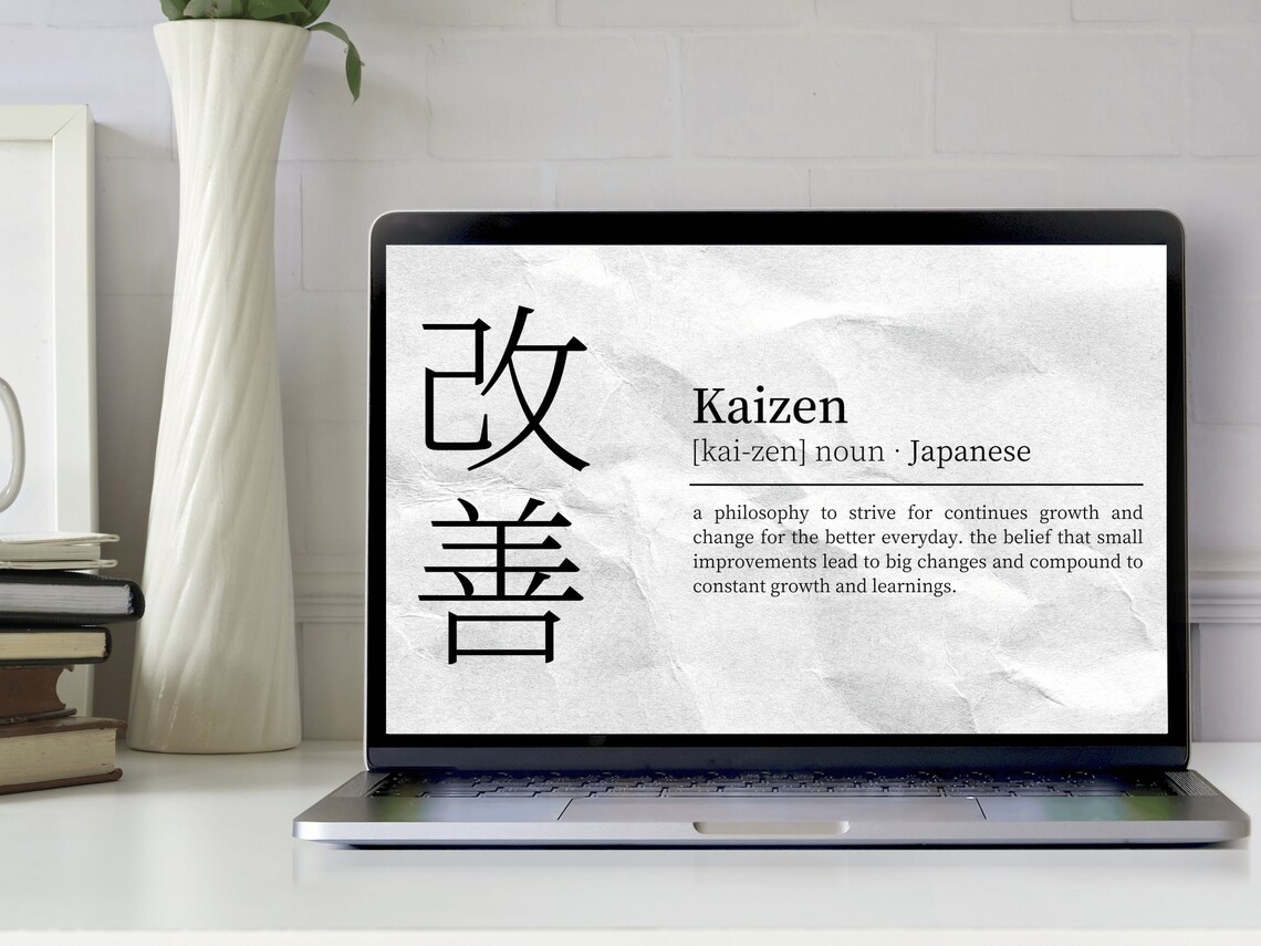 Kaizen Bold Brush Kanji Definition on Crumpled Paper Art Print - Image 2