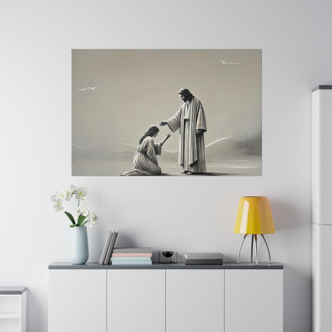 Jesus Healing The Sick Woman Monochrome Bible Story Art Poster - Image 4