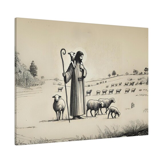 The Good Shepherd Jesus With Lamb Monochrome Sketch Bible Art Poster