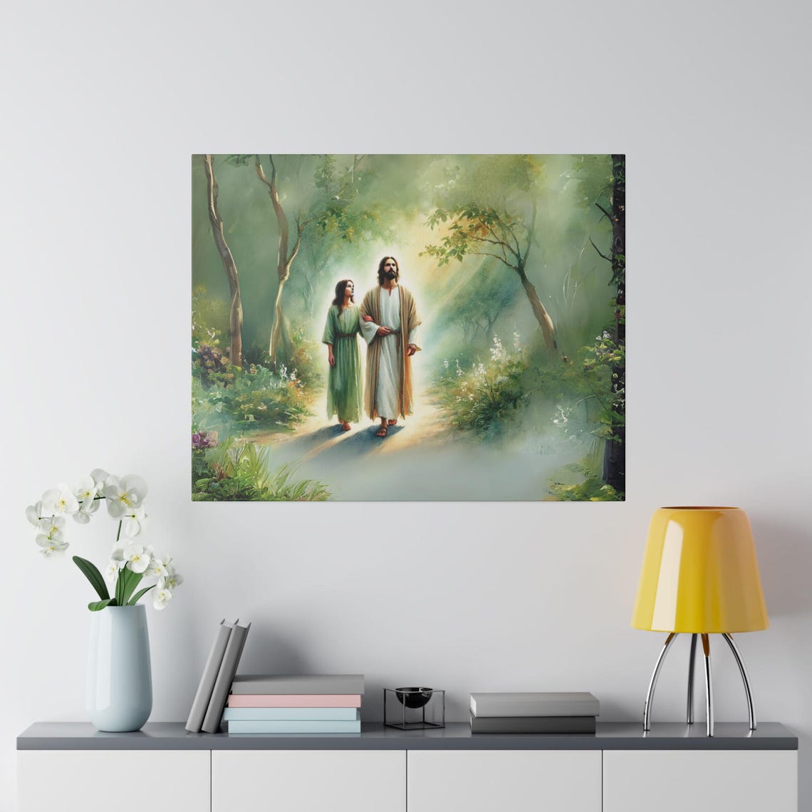 Jesus Walking With Woman Sunlit Forest Path Christian Poster - Image 3
