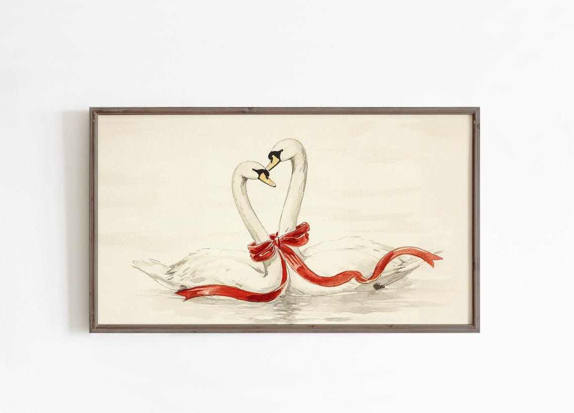 White Swans Red Bow Coquette Watercolor Valentine Love Bird Poster - Image 2