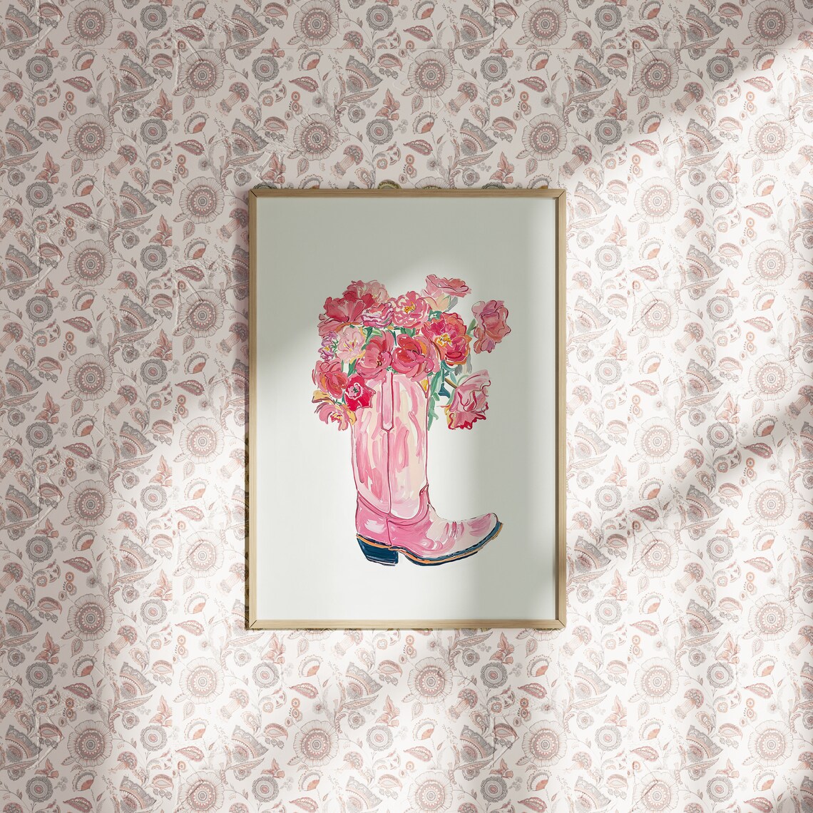 Pink Cowgirl Boot with Roses Floral Western Nursery Art Poster - Image 4