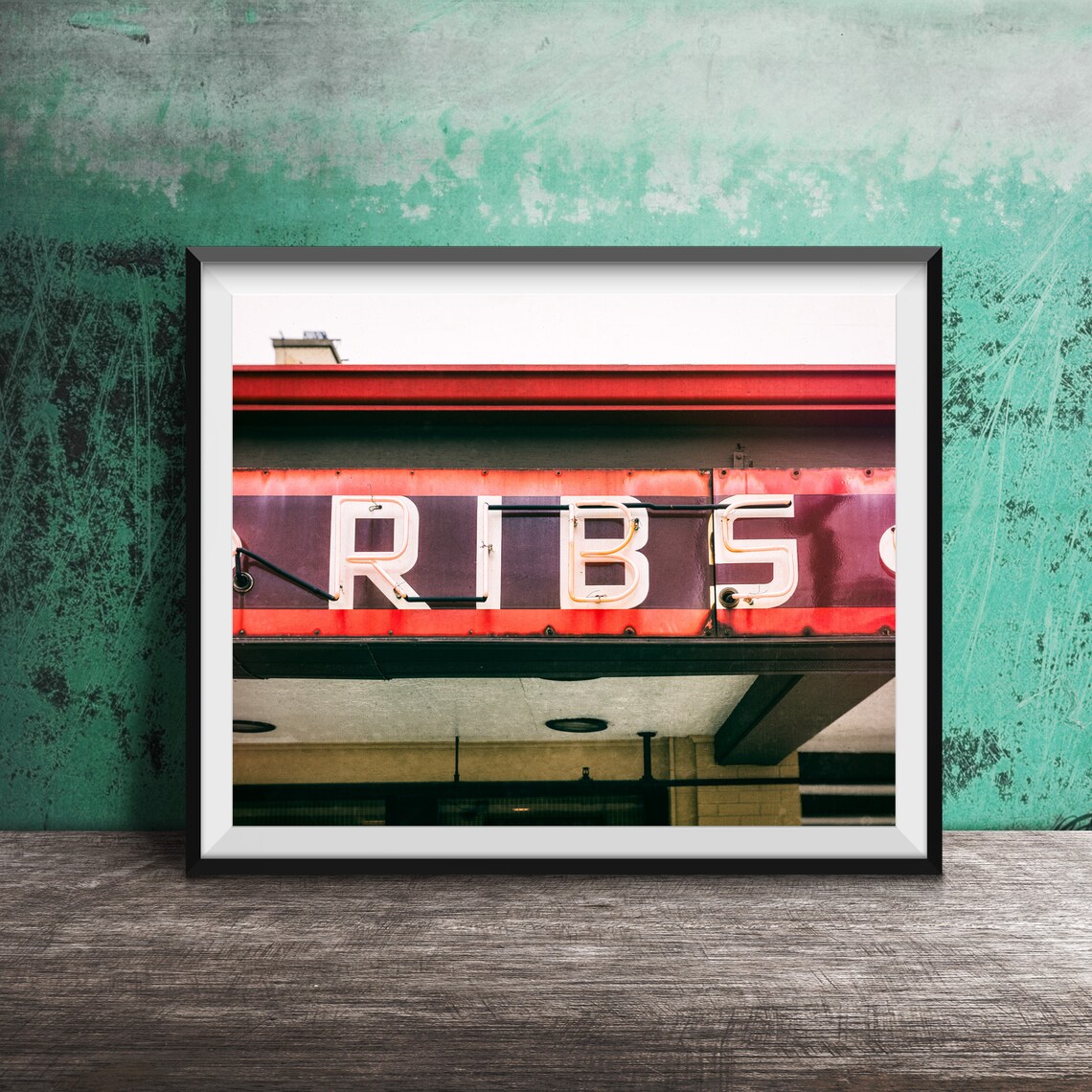 Vintage RIBS Red Neon Sign BBQ Restaurant Photography Poster
