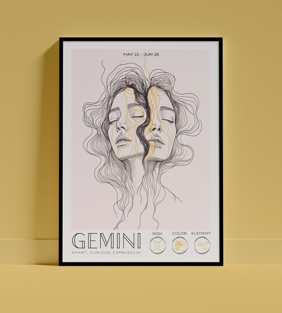 Gemini Zodiac Twin Faces Fine Line Art Portrait Astrology Poster