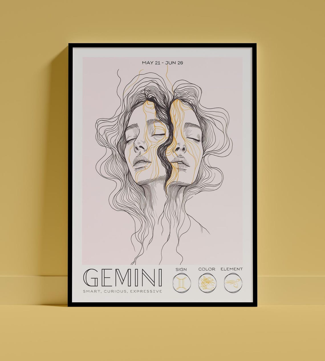 Gemini Zodiac Twin Faces Fine Line Art Portrait Astrology Poster