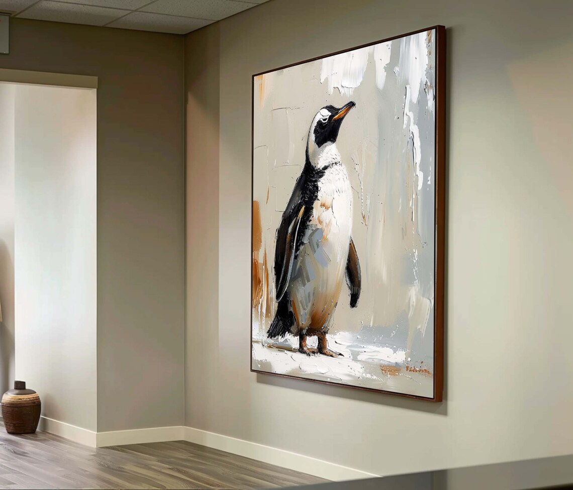 Charming Penguin Oil Painting on Warm Beige Background Poster - Image 3