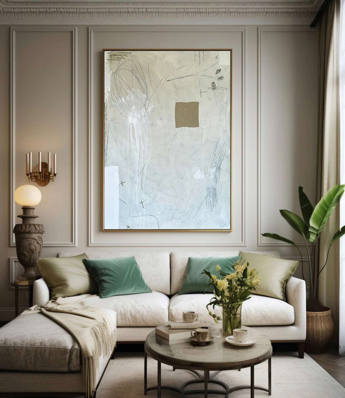 Soft Beige Abstract With Gold Square Scribble Line Art Poster - Image 2