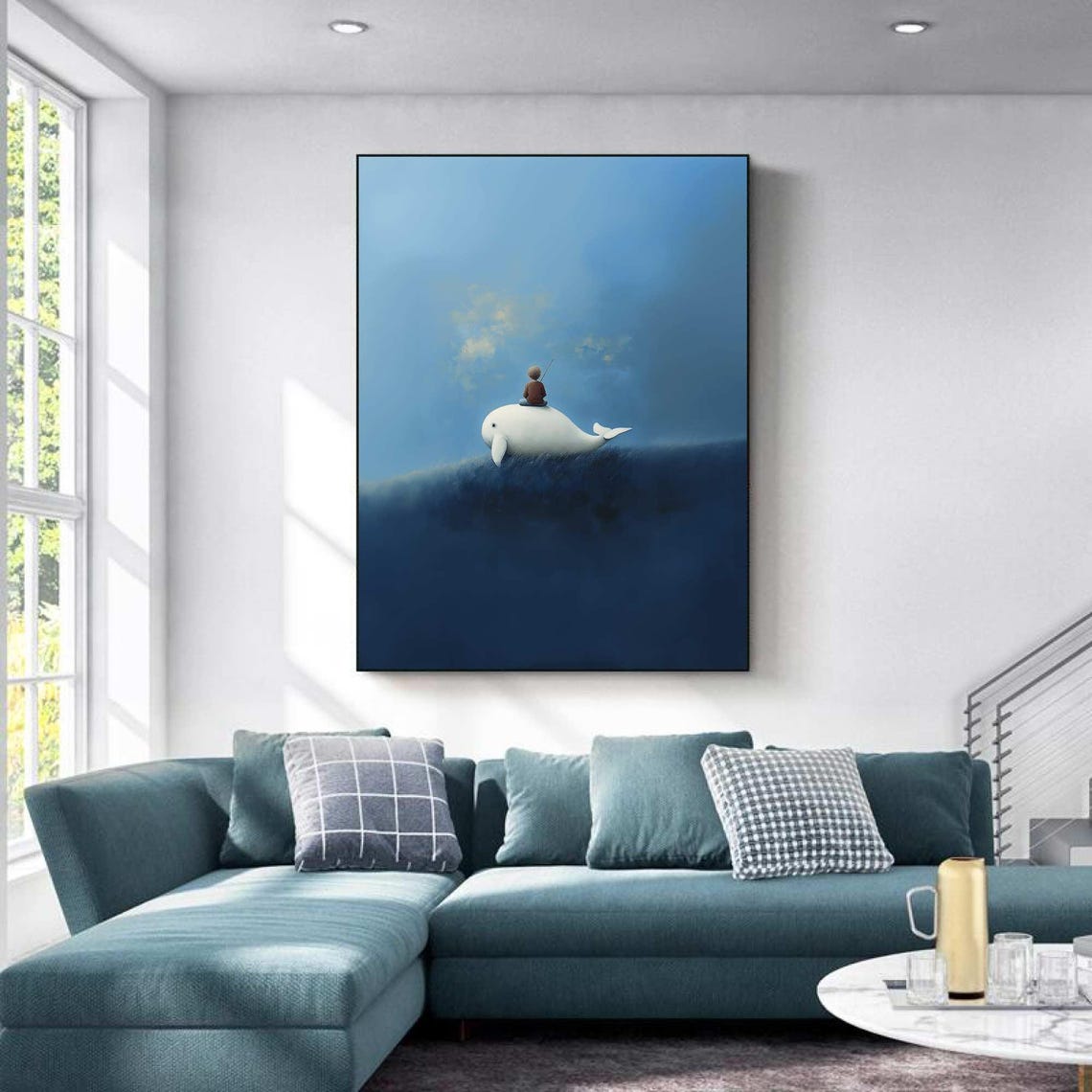 Boy Fishing on Whale Deep Blue Midnight Sea Surreal Night Art Poster - Image 3